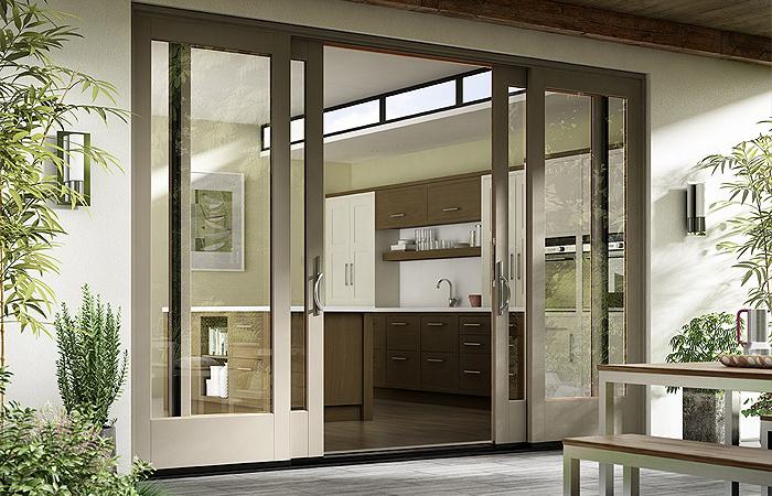 milgard sliding glass patio door open with view into kitchen