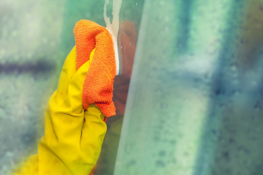 Hand In Glove, Washing The Wet Glass Of The Shower, Cleaning Co